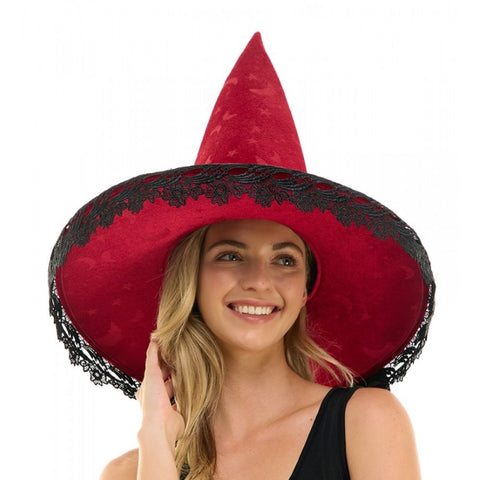 BLACK LACE BURGUNDY WITCH HAT