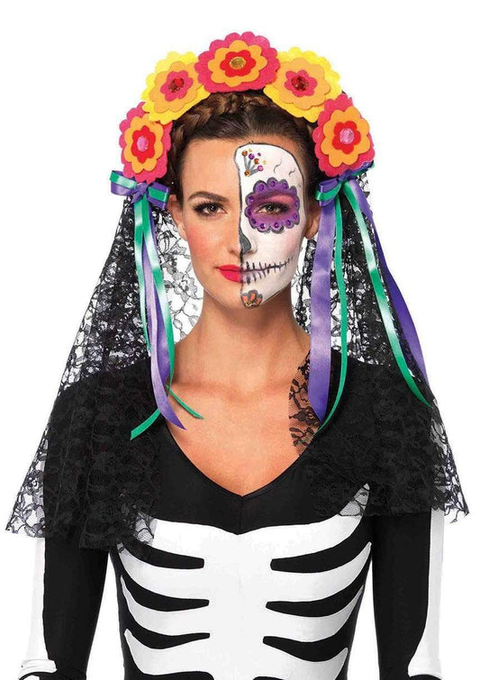 DAY OF THE DEAD FLOWER HEADBAND WITH VEIL (ONE SIZE)
