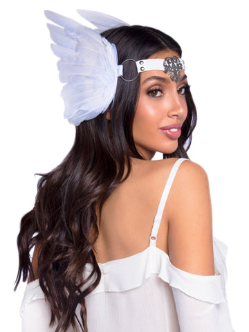 FEATHER HEADBAND O-RING WITH METAL FILIGREE MEDALLION ACCENT